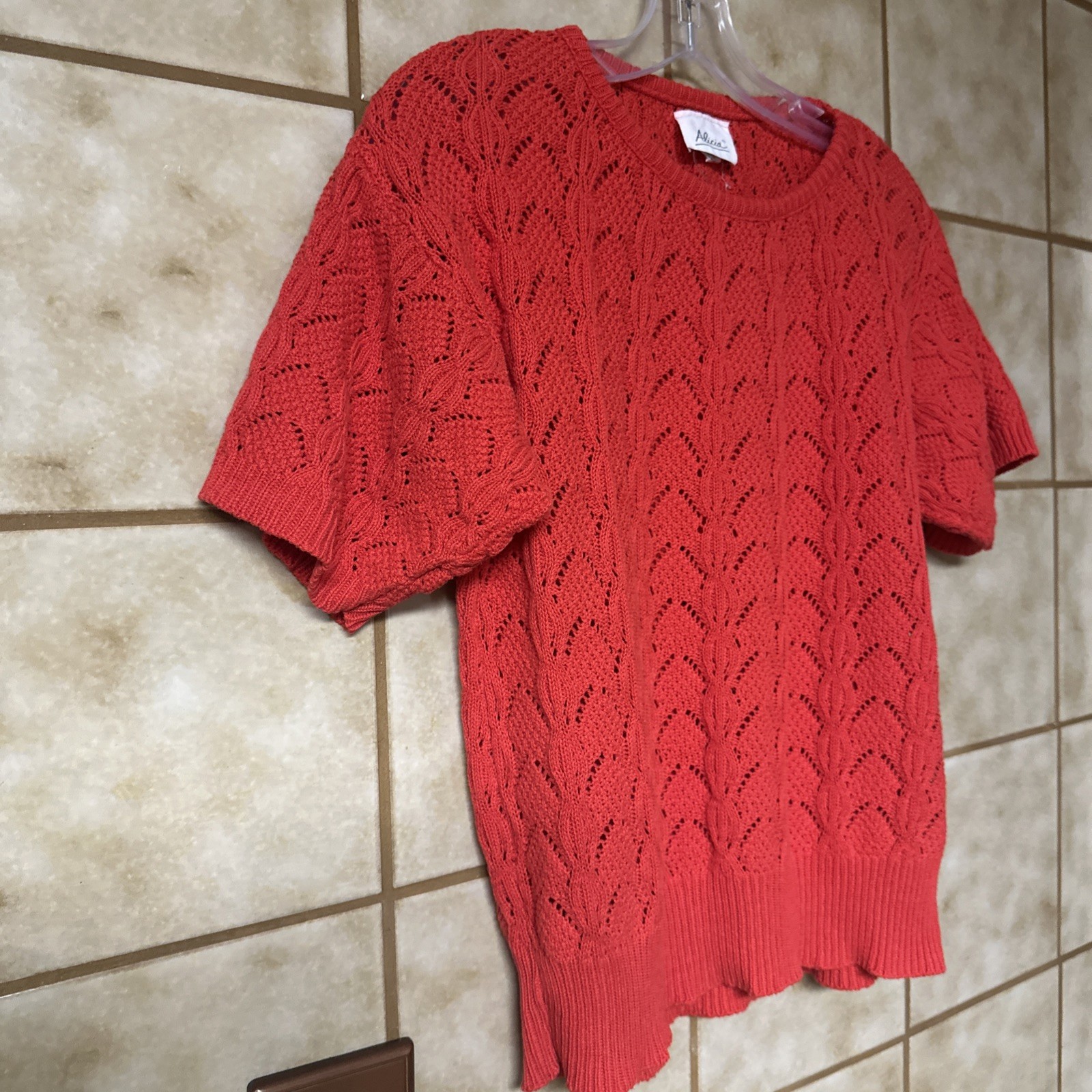 Vintage Alicia Petite Short Sleeve Strawberry Red Cotton Knit Sweater, Sz Sm