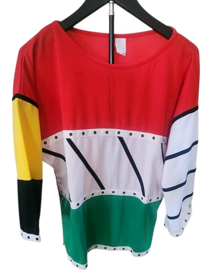 VTG Abstract Multicolor Colorblock 3/4 Sleeve Red Yellow Blk White Women’s Shirt