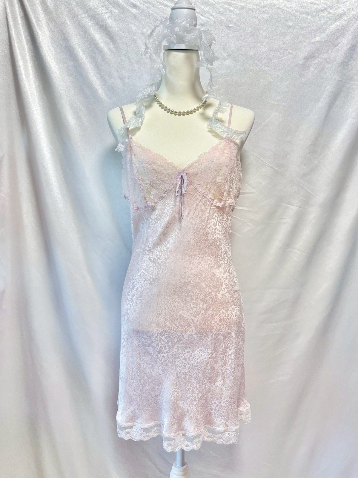 Vintage 1990s Pink Lingerie Slip Dress Lace Bow