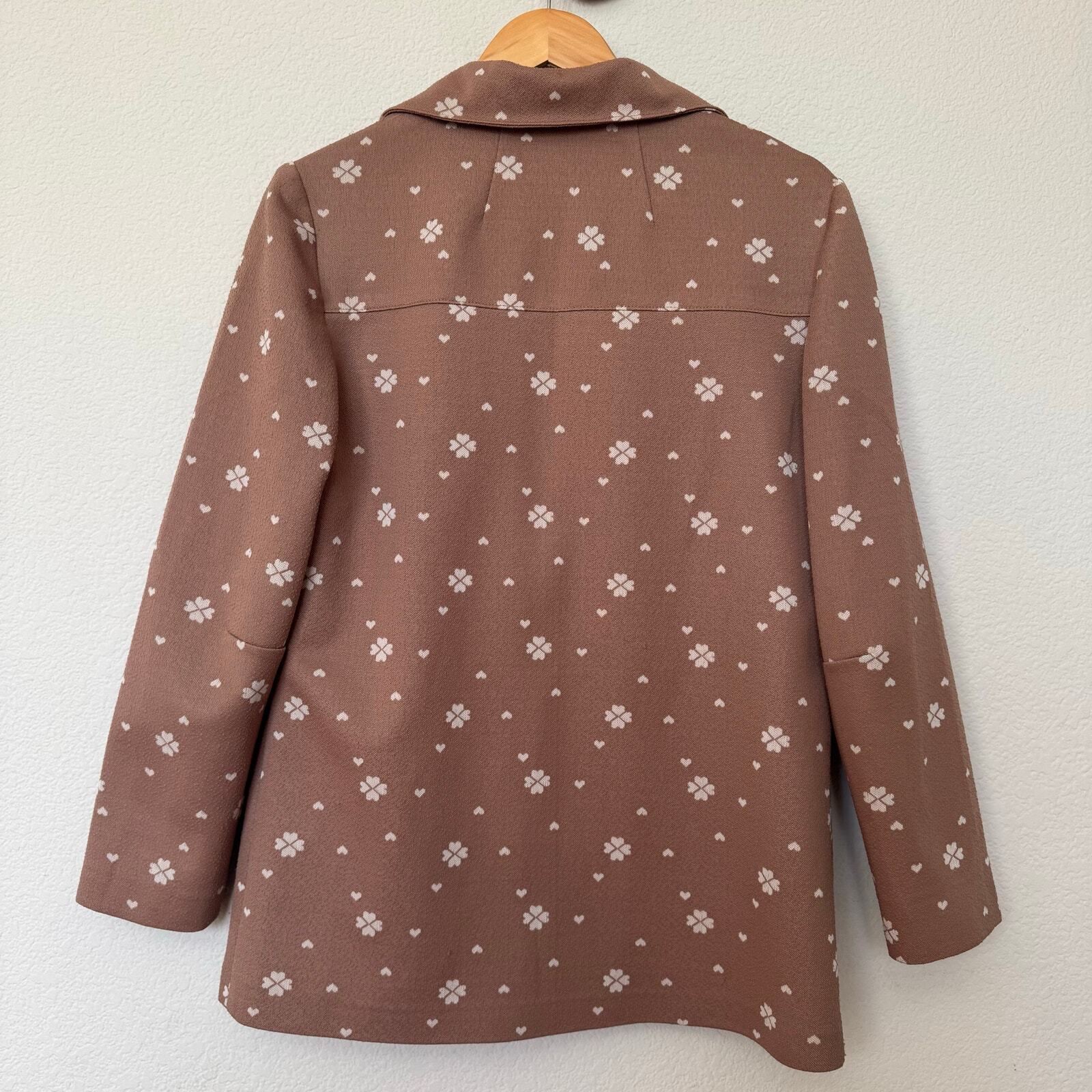 Vintage 70s heart clover taupe shirt jacket double knit poly big pockets sz M-L