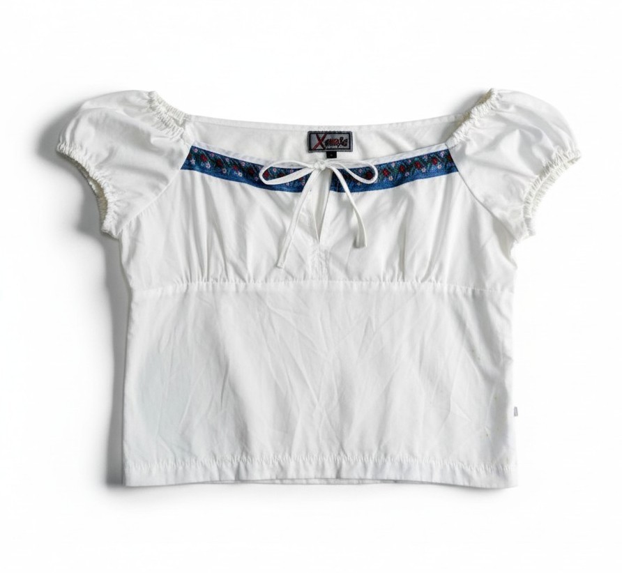 Vintage 90s Y2K Milkmaid Top White Cotton Embroidered Puff Sleeve Size L AU14