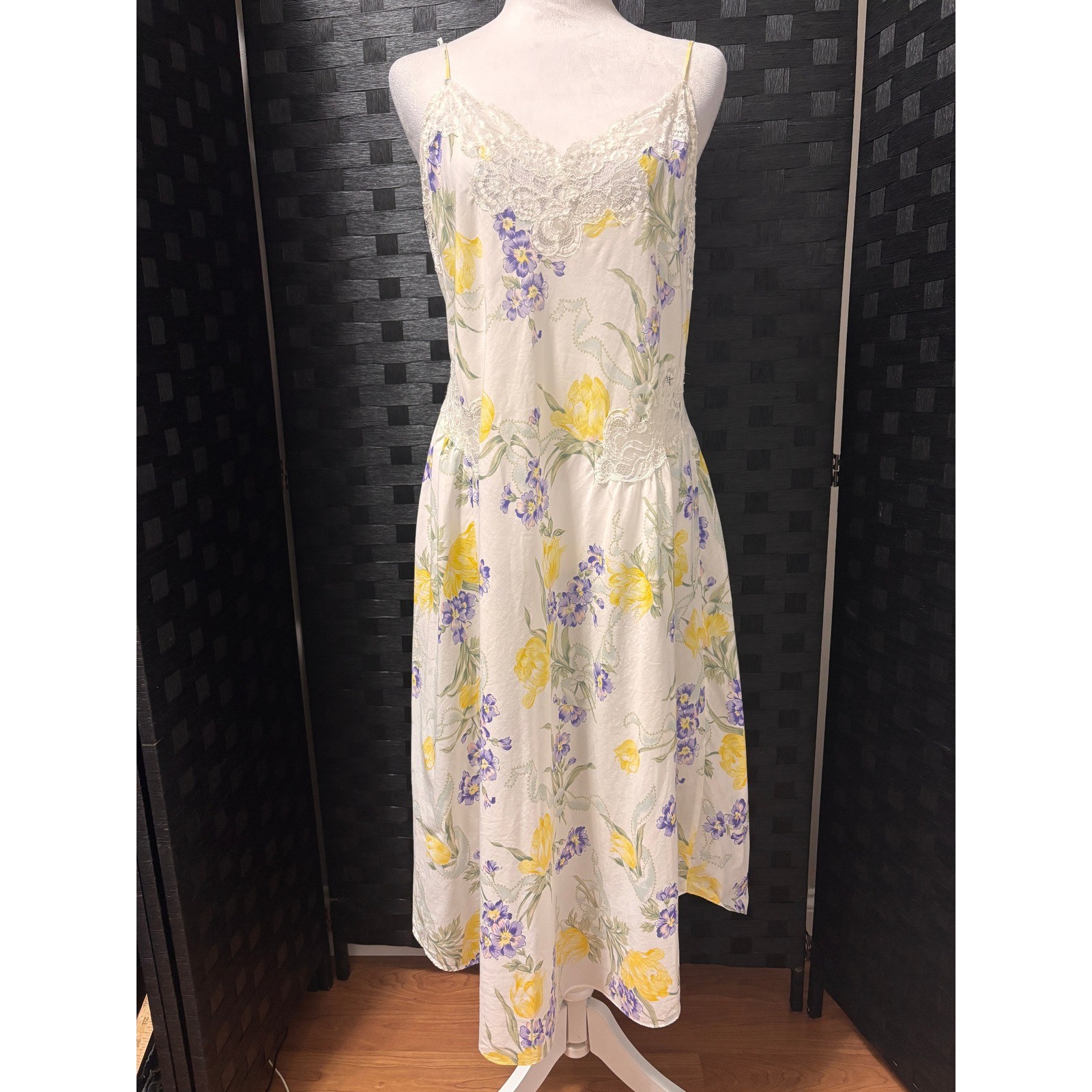 VTG Natori Slip Dress Womens M Floral Lace Cotton Festival Cottage Romantic Y2K