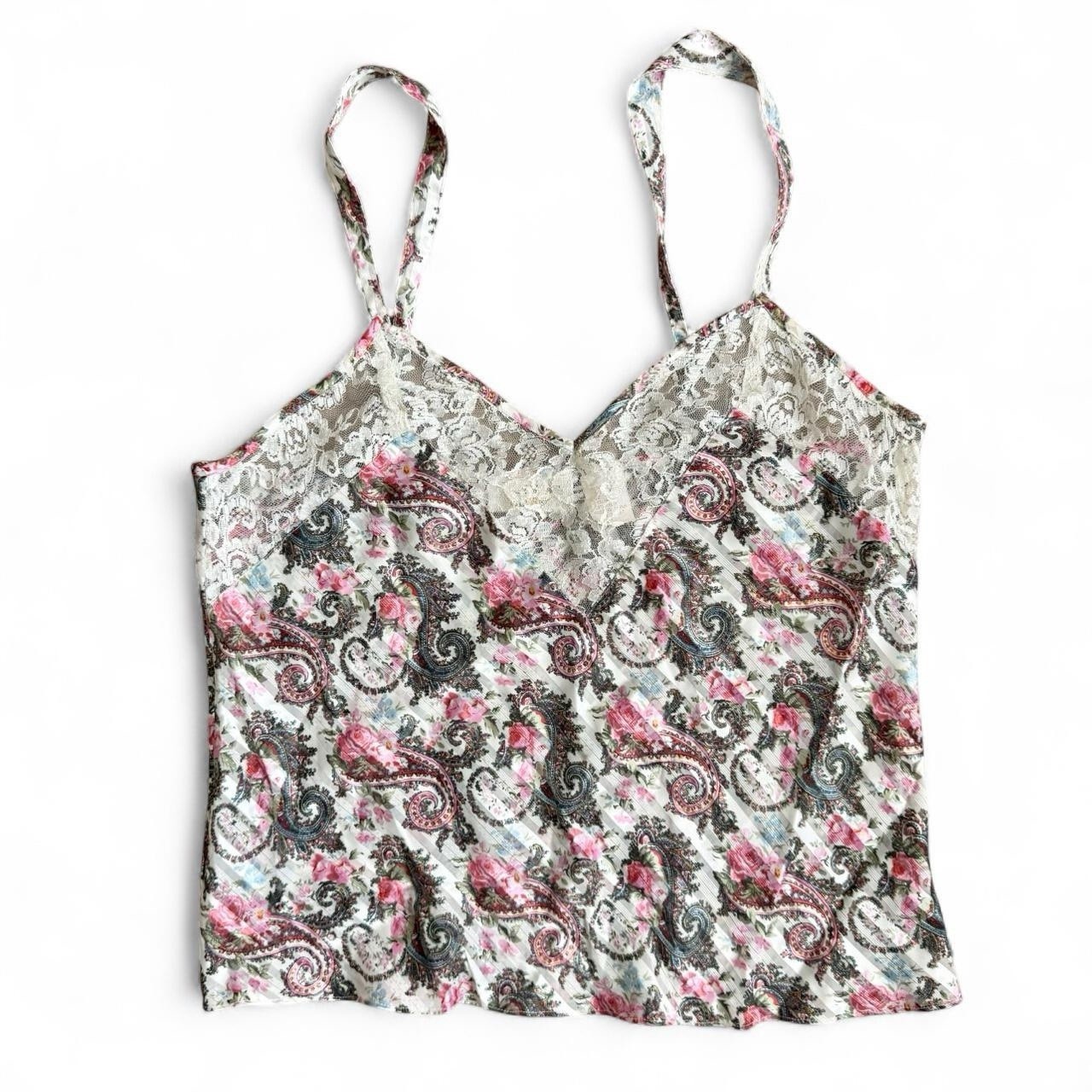Vintage 90s Victorias Secret Floral Paisley Lace Camisole White Pink Multi Color