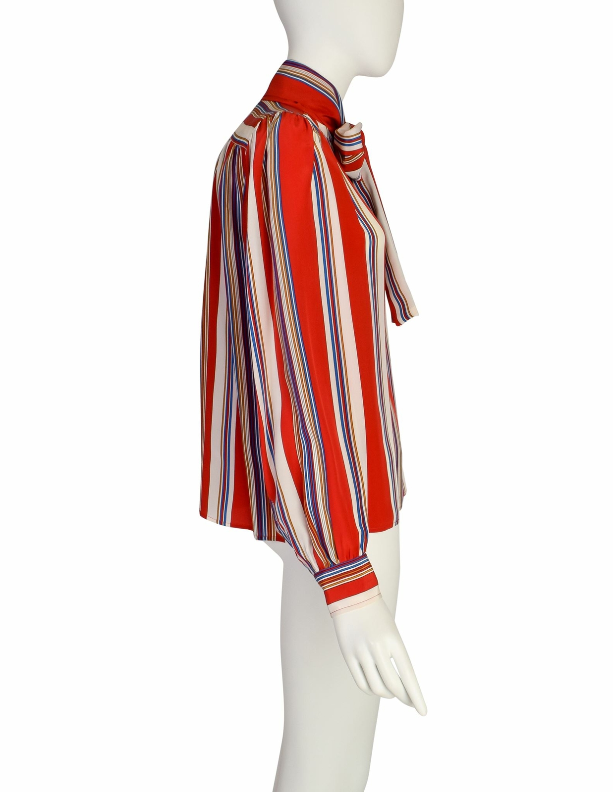 Yves Saint Laurent Vintage SS 1982 Red Multicolor Striped Silk Lavalliere Shirt
