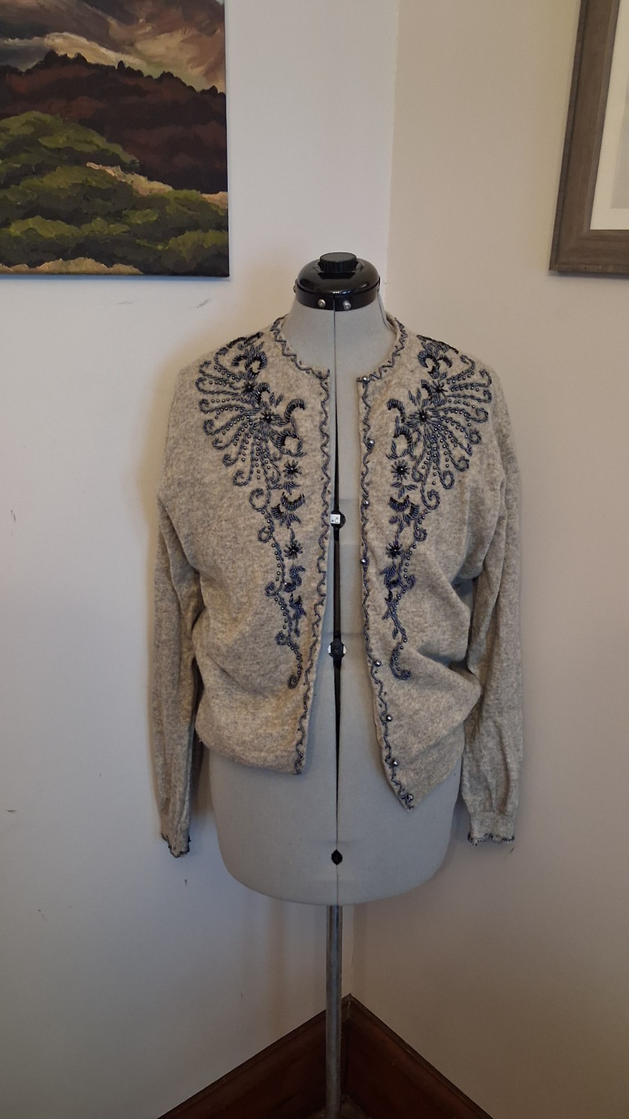 Vintage 1950s Beaded Cardigan, Grey And Black Sz 42 M/L Elegant Embellishedn