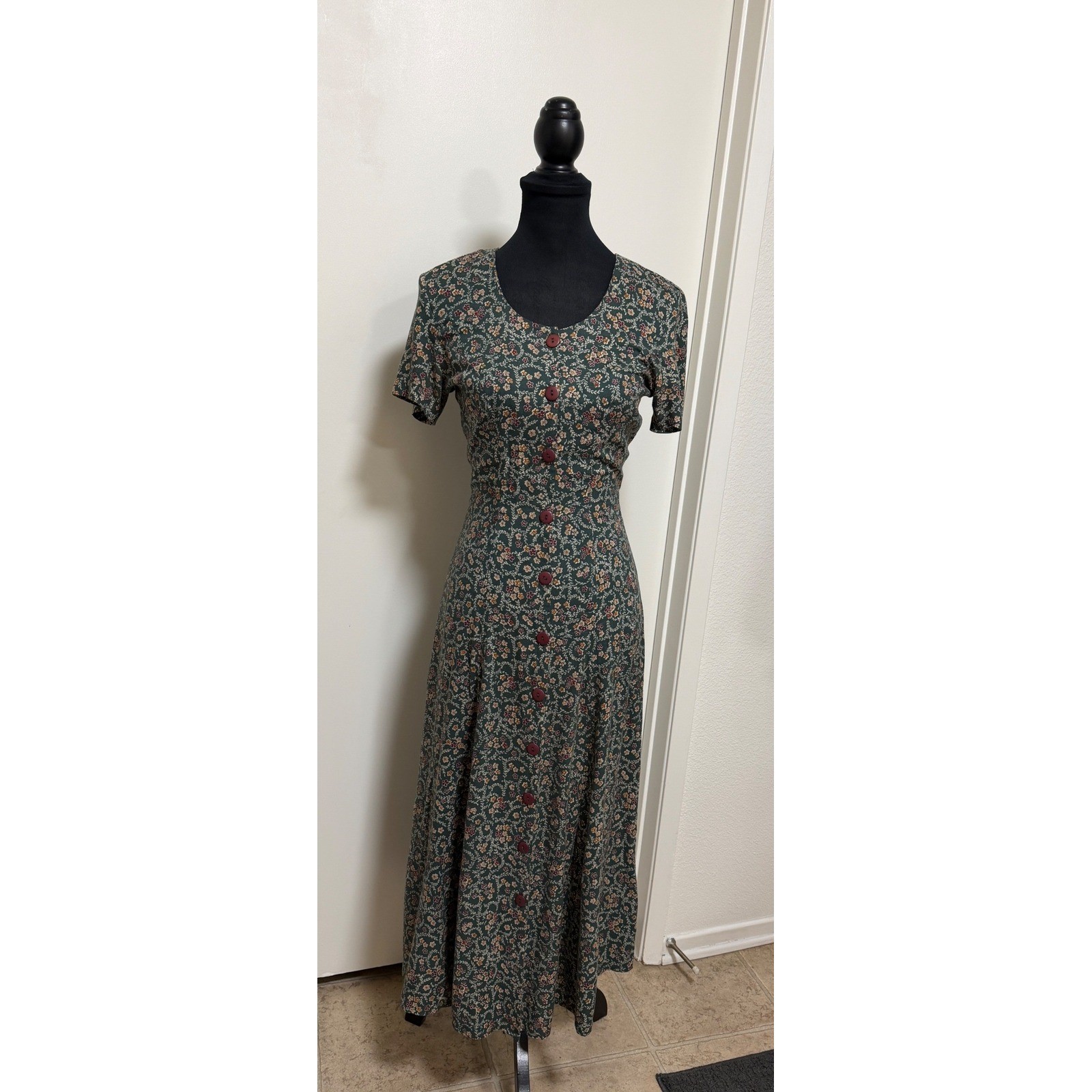 Vintage Rampage Floral Maxi Dress Green Rayon Button Front Tie Back Cottage 90s