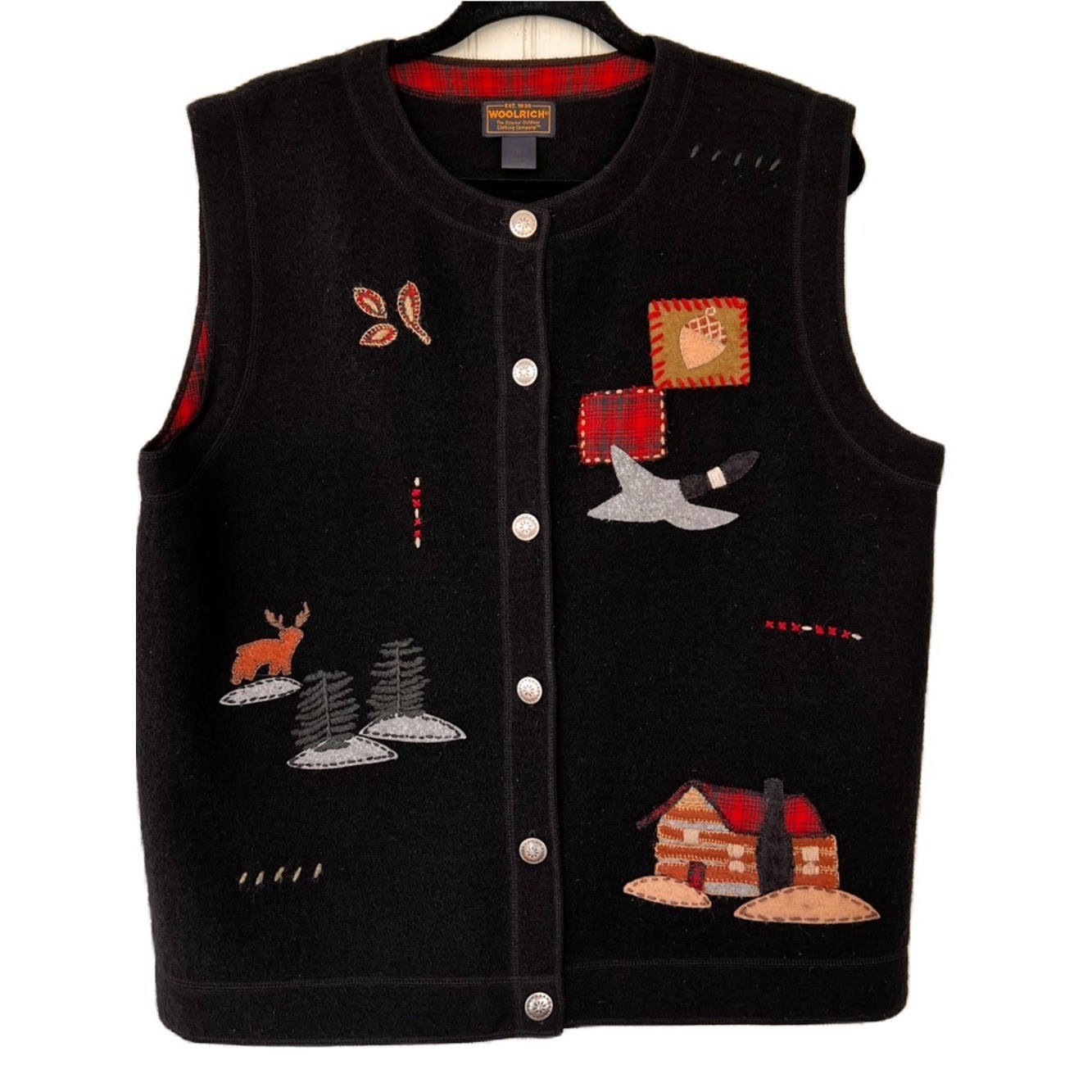 Vintage Woolrich Cardigan Vest Womens XL Black Wool Cabin Rustic Teacher Sweater