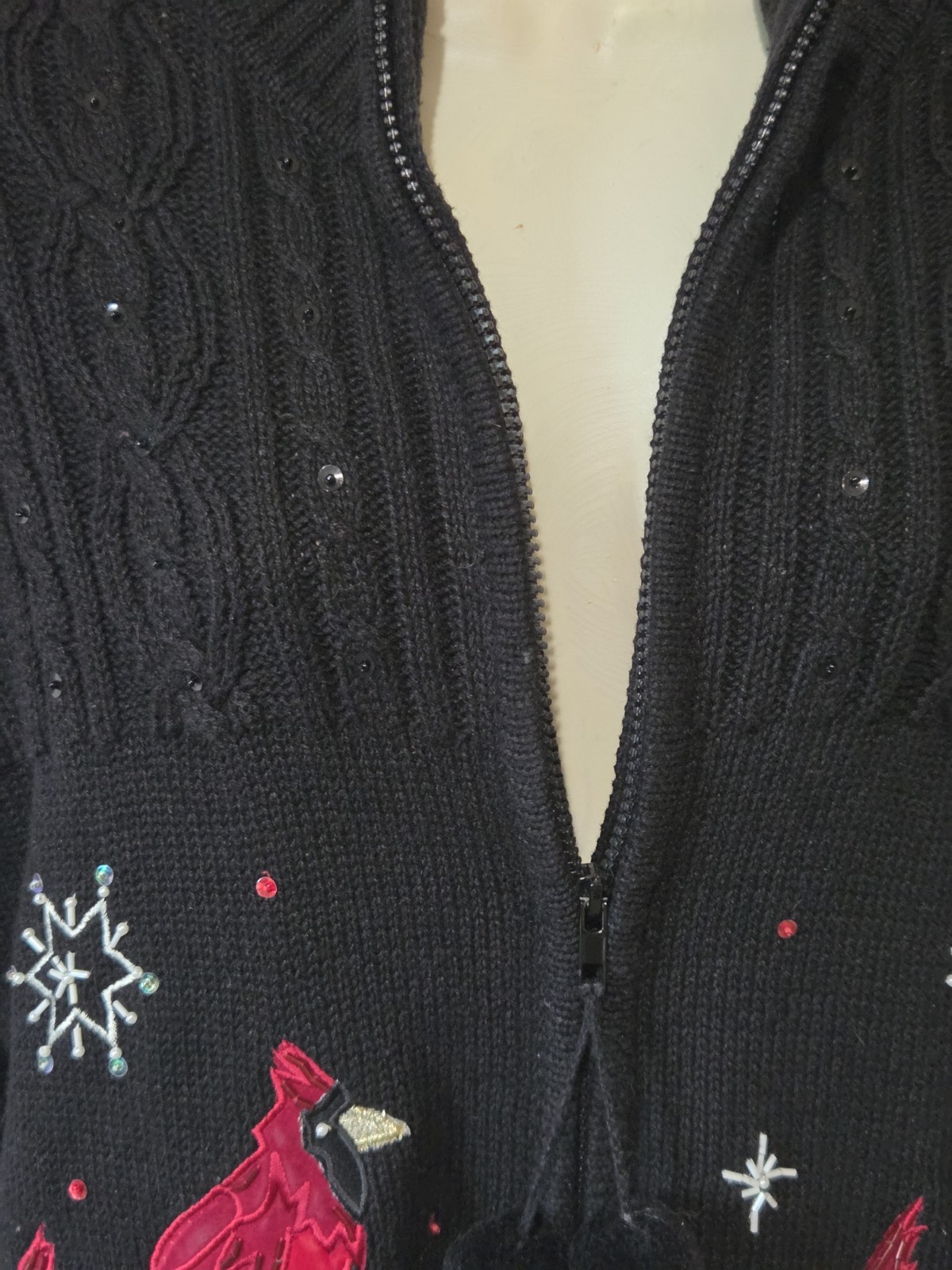 Vtg Tiara Int’l Christmas Zip Cardigan Sweater M Cardinal Snowflake Sequin Beads