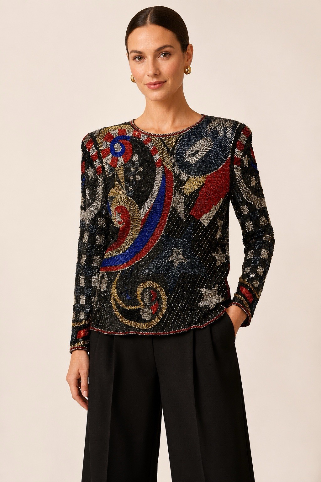 Vintage 80s Beaded Sequin Top Small Abstract Celestial Statement Shoulder Pads