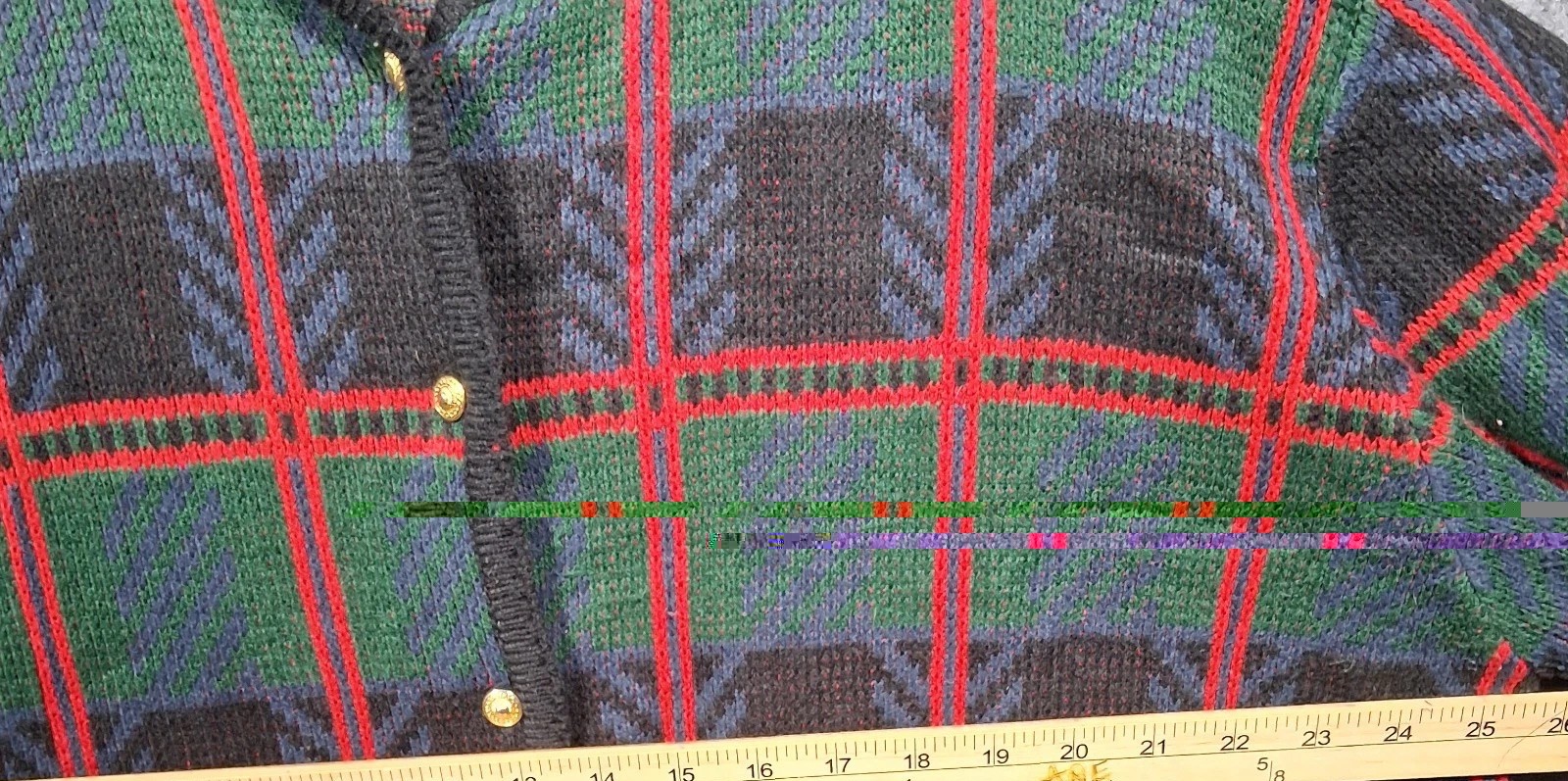 Vintage Plaid Chevron Knit Cardigan Sweater XL Red Green Gold Button Pockets