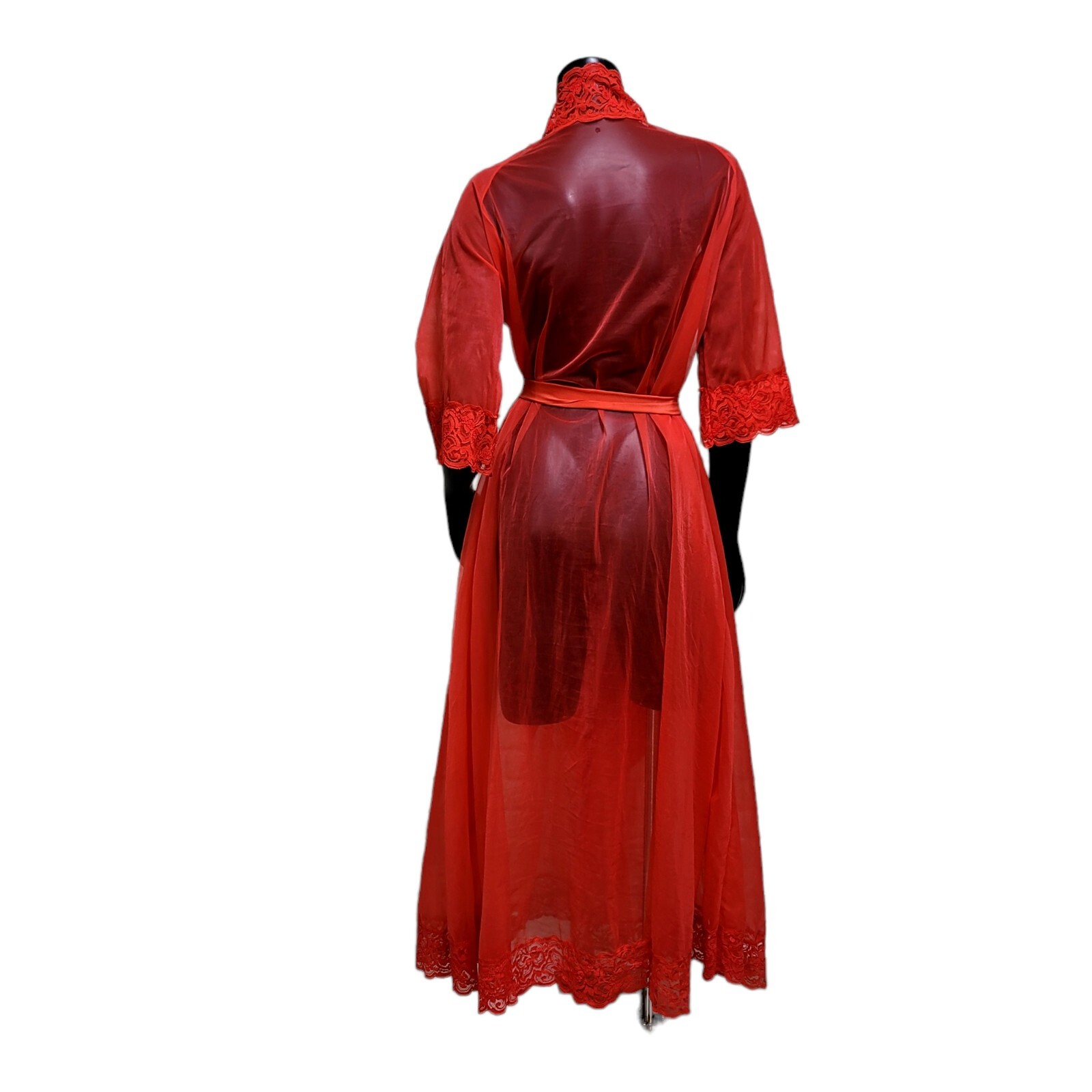 Vintage 70s CHIC Lingerie Size S Red Nylon Full Length Lace Trim Robe Glam