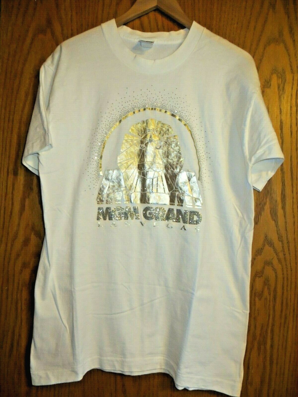 Vintage 1993 MGM Grand T Shirt Womens Large White Gold Color Lion Head Bling Top