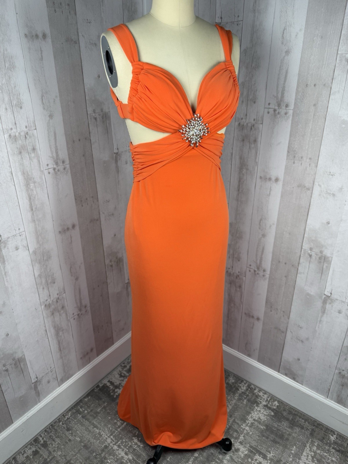 Vintage 1970s Jeweled Disco Cocktail Gown Cache Tangerine Poly Spandex Knit XS