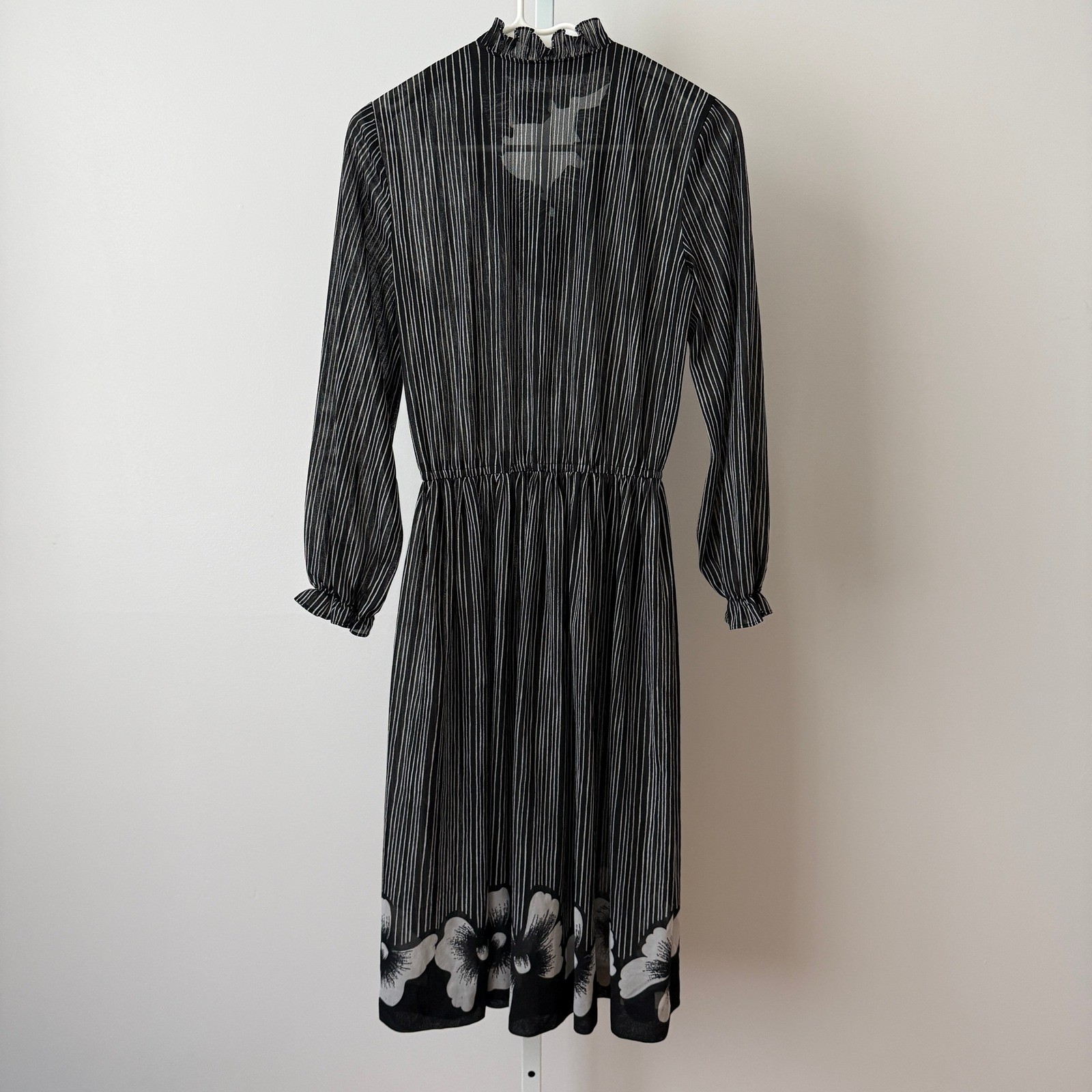 Murray Meisner 10 Black Sheer Stripe Floral Border Ruffle Neck Vintage Dress