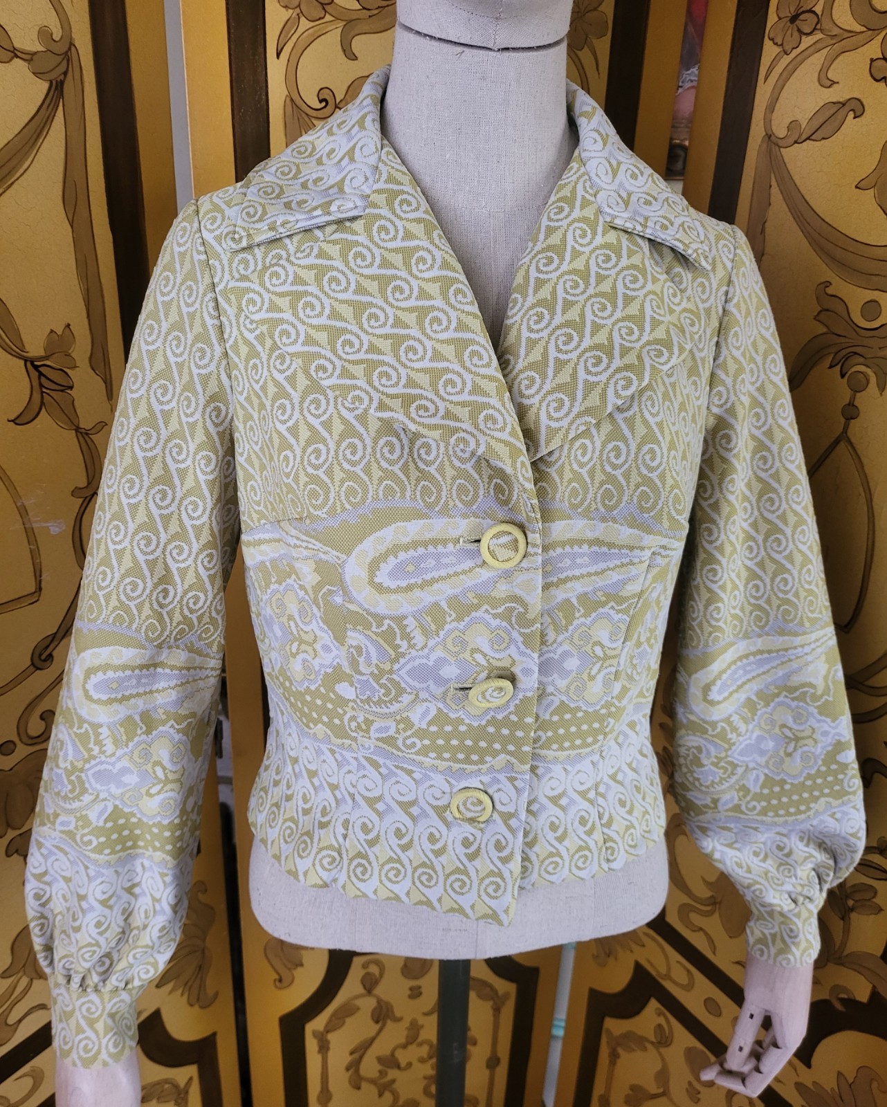 MEL WARSHAW Vtg Green & Yellow Poly knit Short Jacket Covered Buttons S 60s/70s