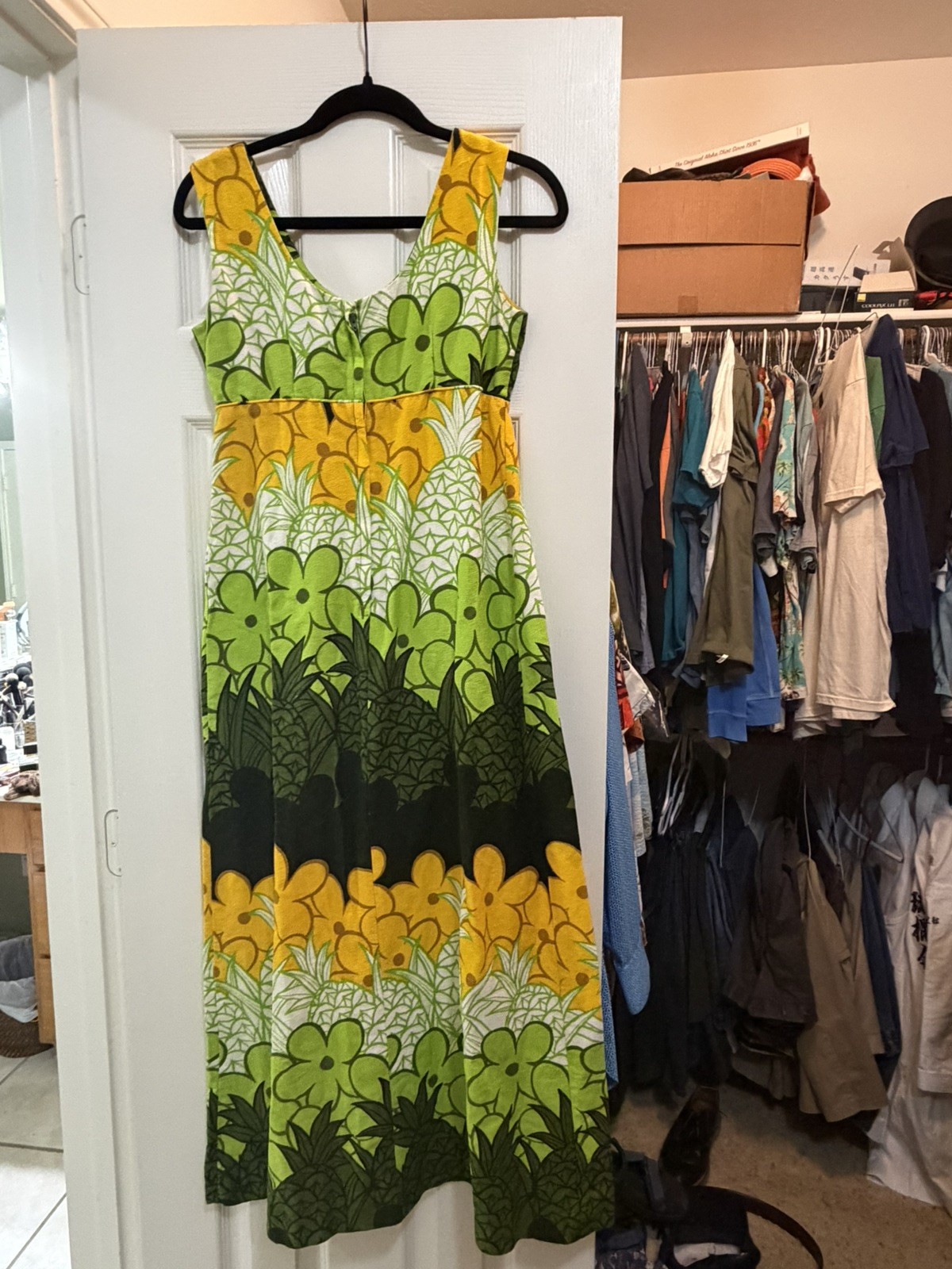 Vintage Sears Hawaiian Fashion Sleeveless Dress Yellow Green MOD 60s Maxi 12