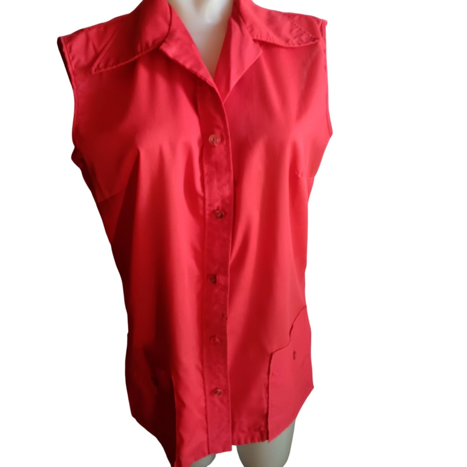 Large Vintage Chore Blouse 70’s Sleeveless Women’s Red Button-Up Frock Laura Mae