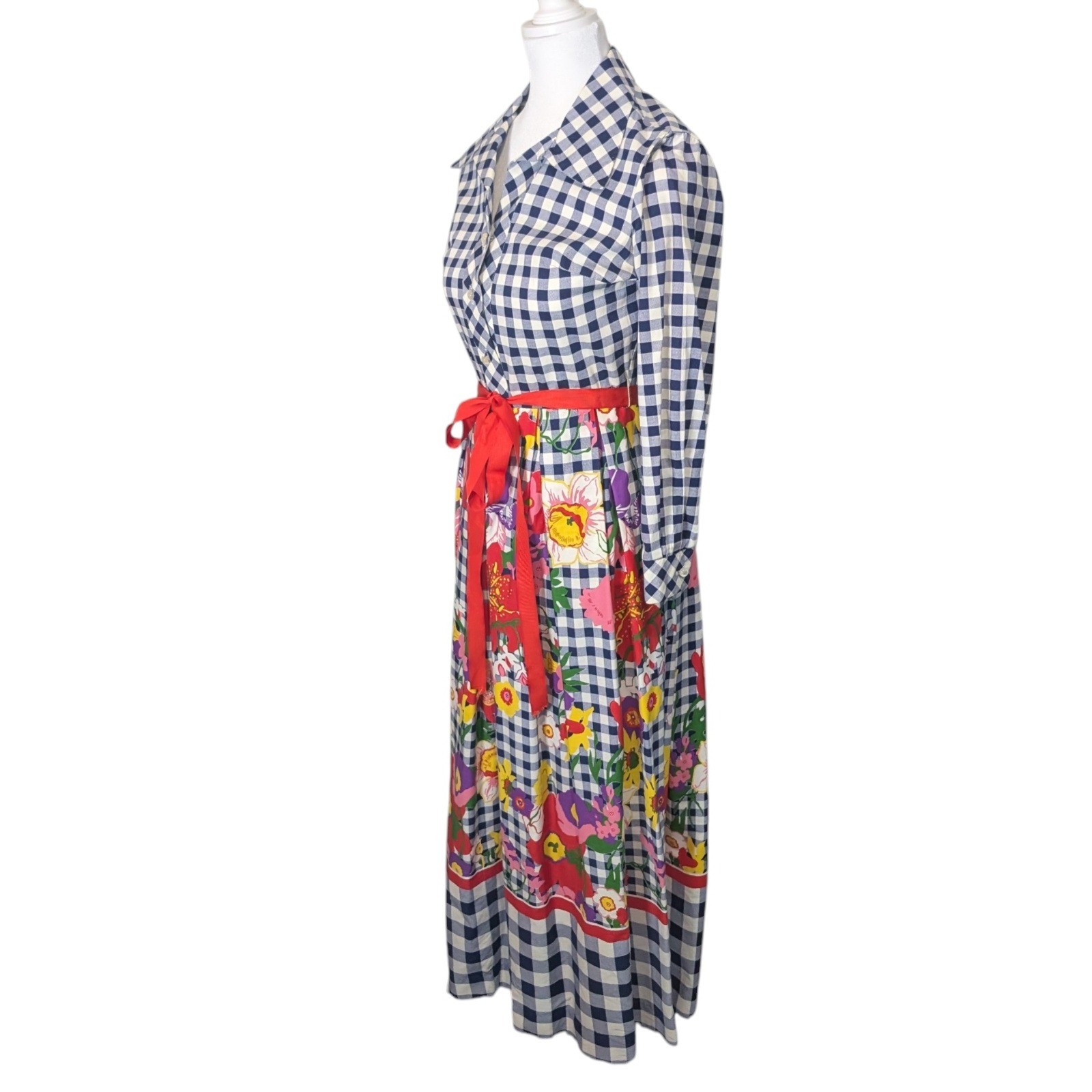 Vintage 70s Gingham Floral Maxi Shirt Dress Navy Blue White Red Belt Long Sleeve