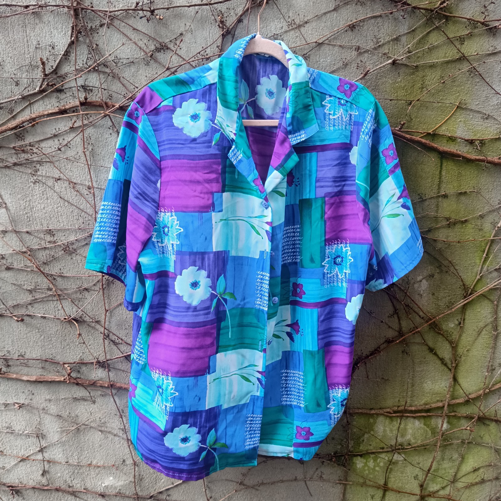 Vintage Blouse Abstract Pattern Blue Purple 90s Oversized Short Sleeve Shirt L