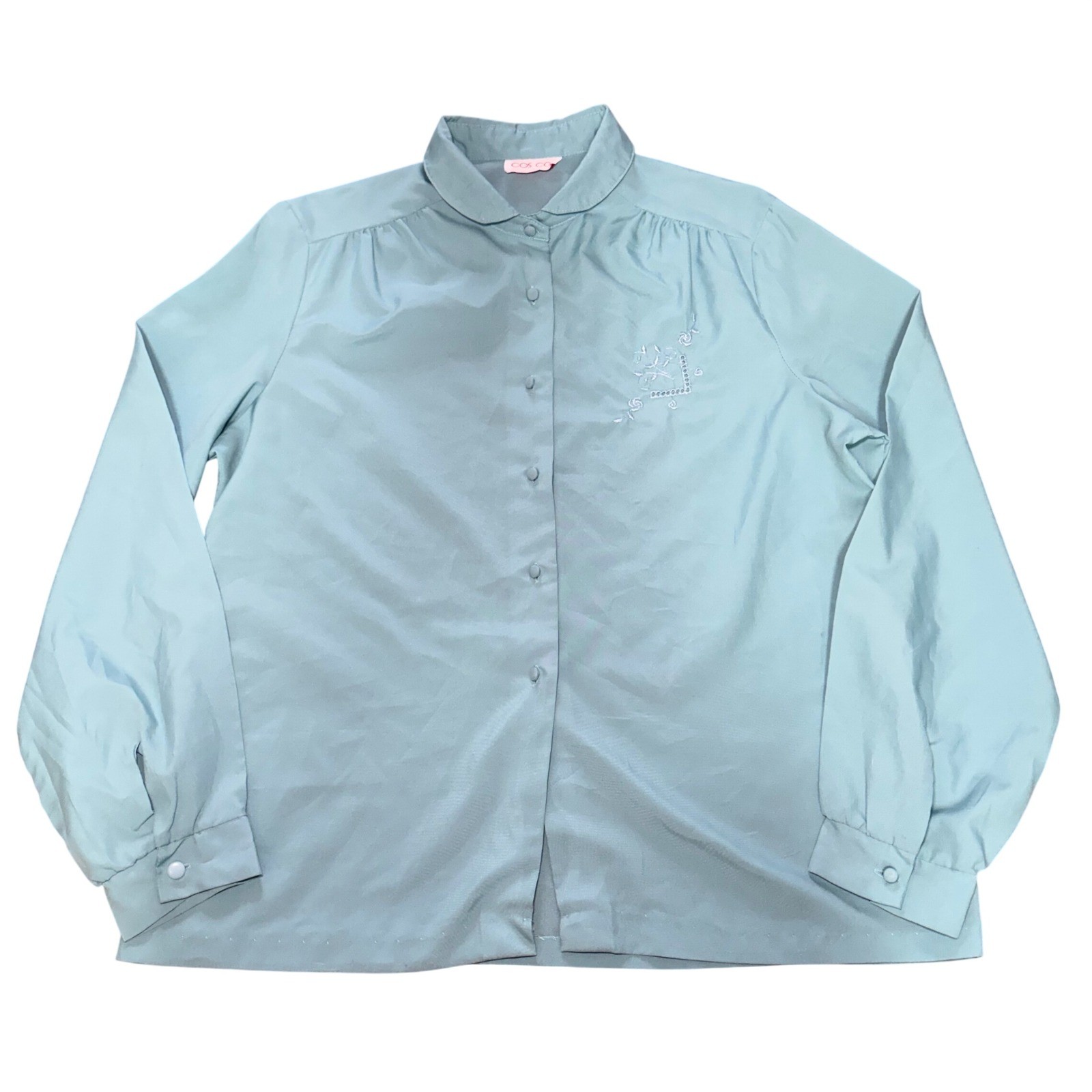 80s Cos Cob Light Blue Embroidered Peter Pan Collar Button Down Blouse Top Large
