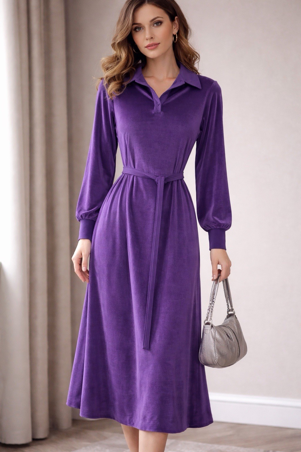 Vtg 70s Lilac Purple Velour Velvet Dress Long Sleeve Size M Midi