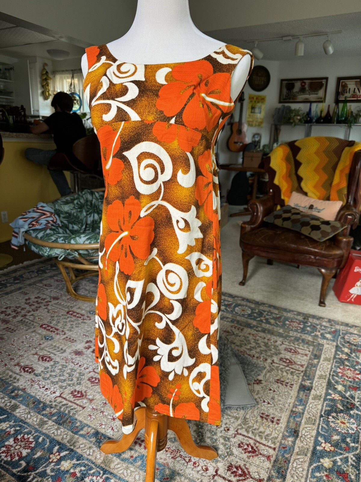 ❤️ Vintage 50s 60s 70s Orange Hawaii Barkcloth Tiki Oasis VLV Mini Dress XXS XS