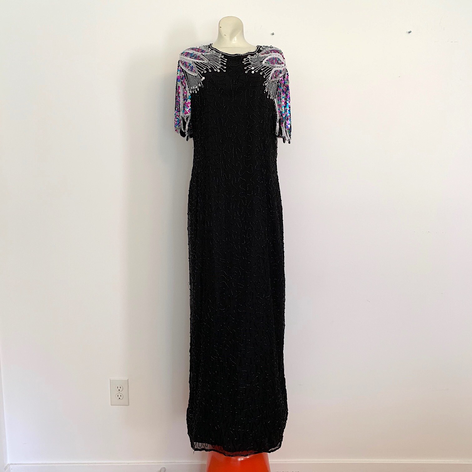 Vintage Beaded Sequins Black Dress SWEE LO Keyhole Back Cocktail Evening Gown