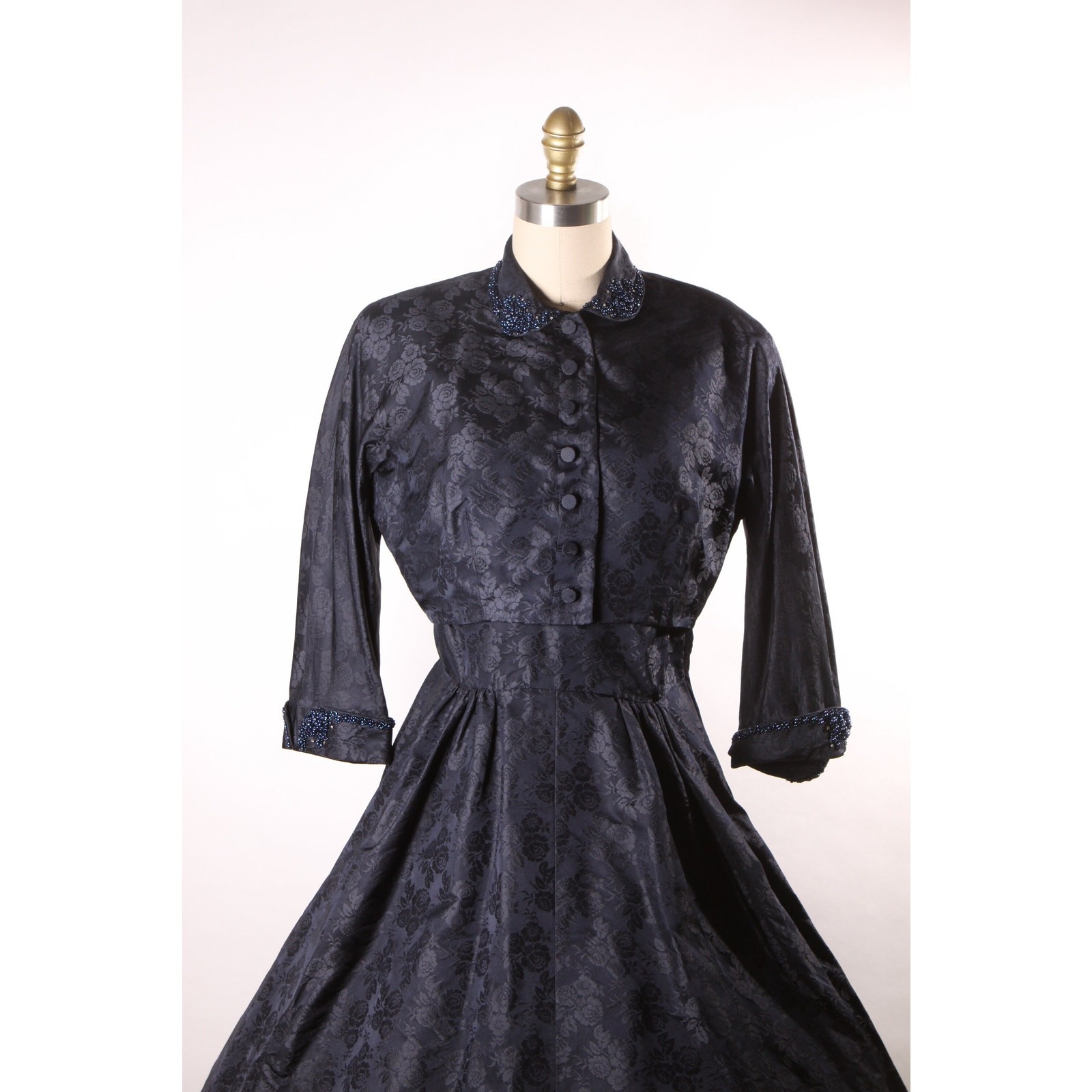 1950s Dark Navy Blue Floral Short Sleeve Dress with Matching Beaded Jacket