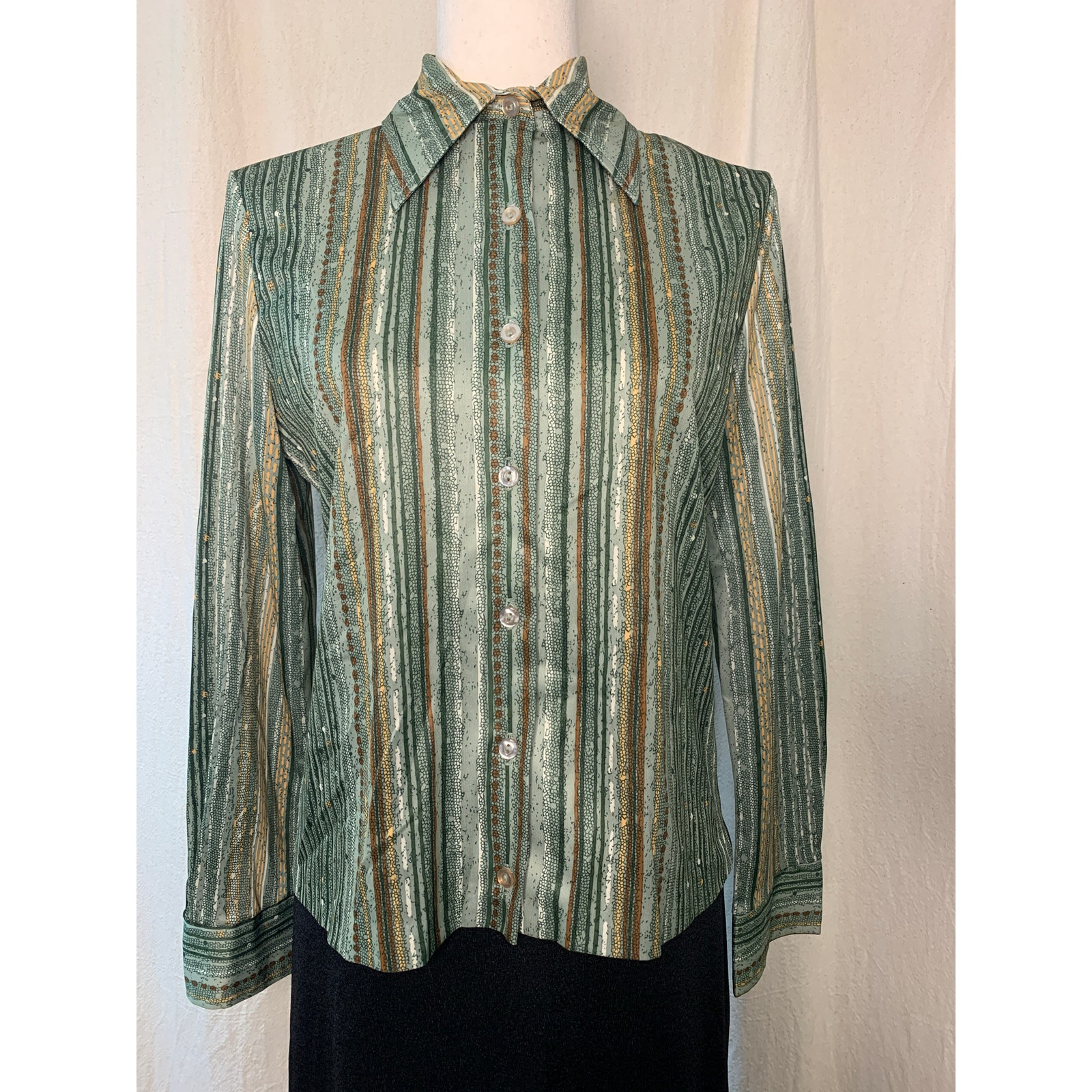 1970s Devon Retro Disco Earth Tones Stripe Dagger Collar Shirt Maxi Skirt Set M