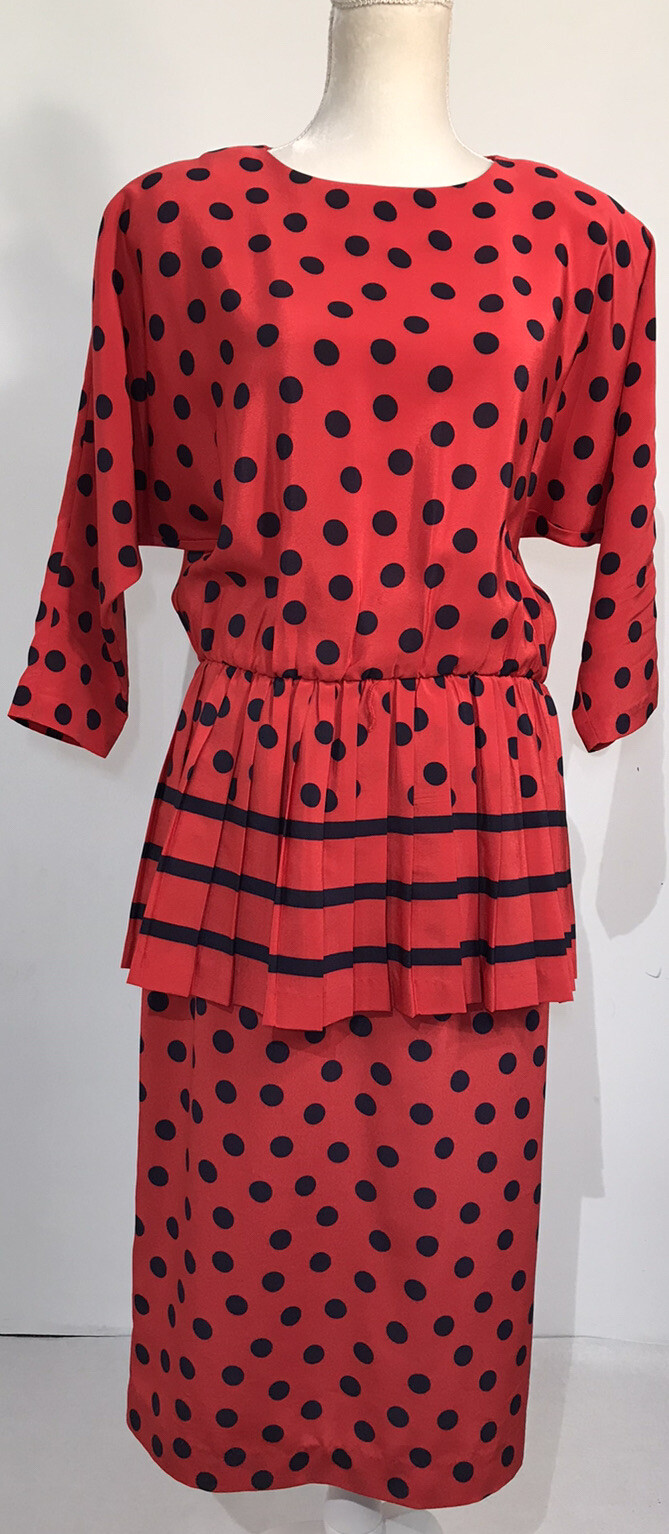 Vintage Blake Elizabeth Red Navy Blue Polka Dot Peplum Skirt Set Women’s Size 10