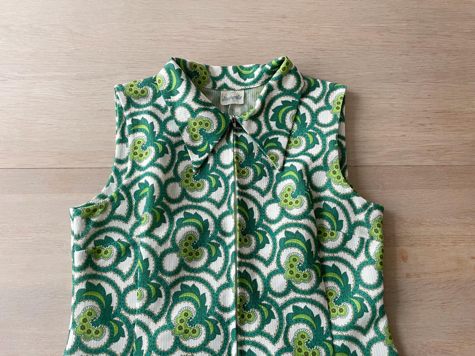 Vintage 60s 70s Barbarella Mod Dress, Green Psychedelic Sleeveless Shift, Size L