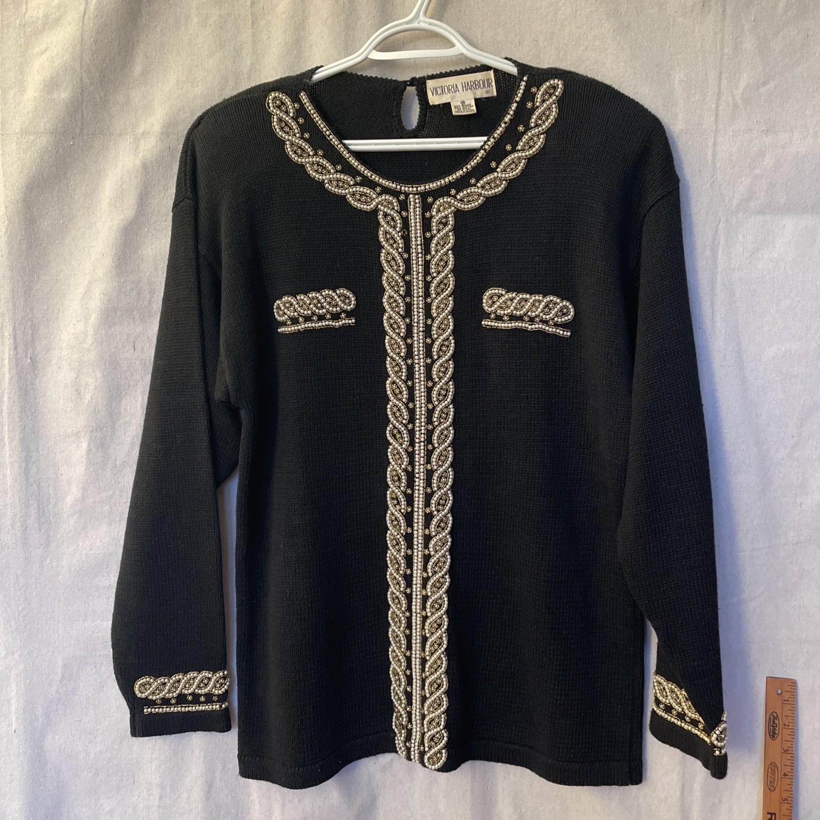 VTG Victoria Harbour 80s Beaded Sweater Tunic Medium Black Pearls Elegant Party