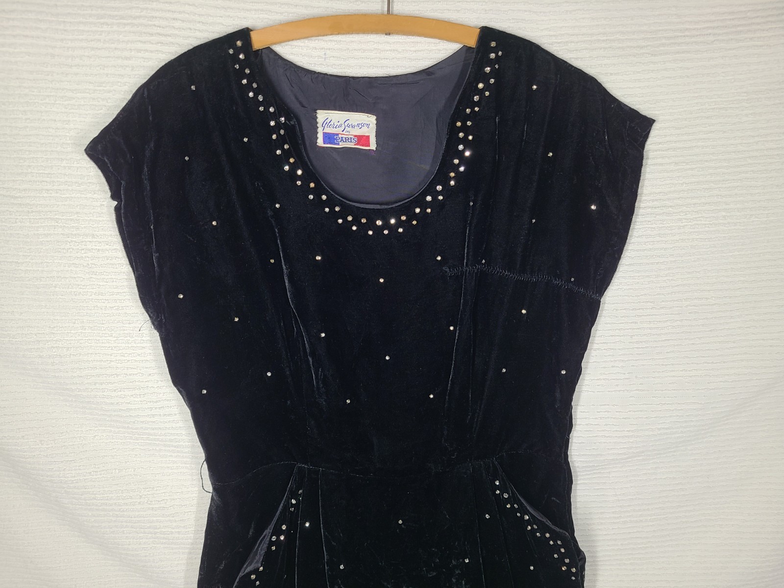 Vtg 40s Dress Black Velvet Night Sky Rhinestone wBelt Gloria Swanson Paris AsIs