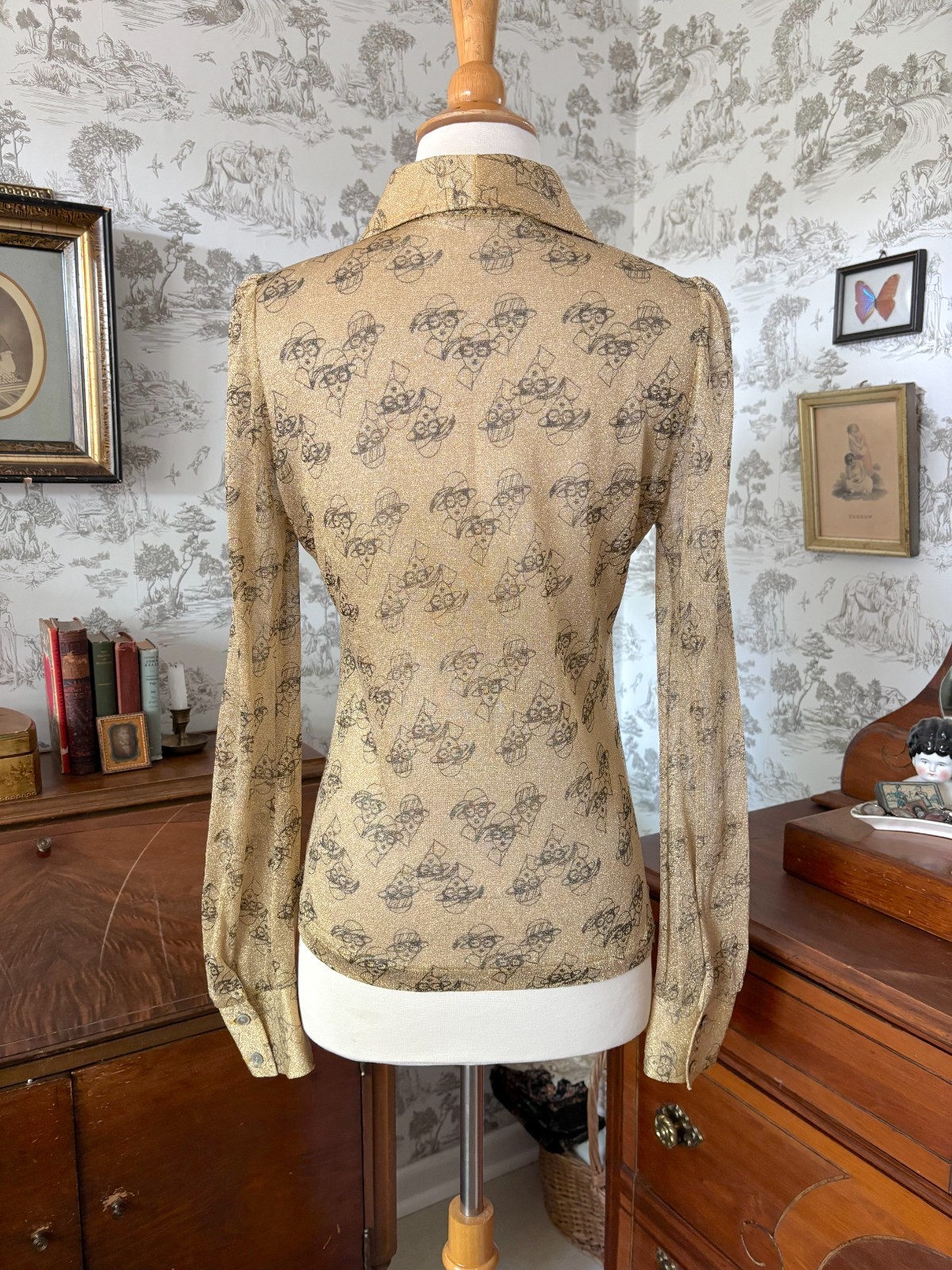 Vintage 70s LeRoy Knitwear Metallic Gold Button-Down Shirt: 1920s Print, Retro
