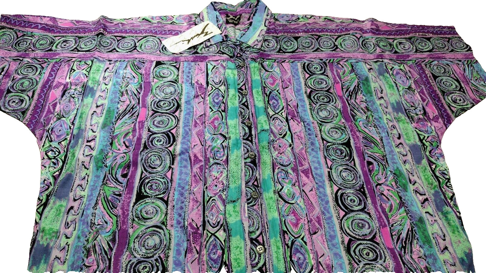 90s Lavender Purple Button Shirt Rayon Batwing Tribal Pattern DEADSTOCK UNISEX