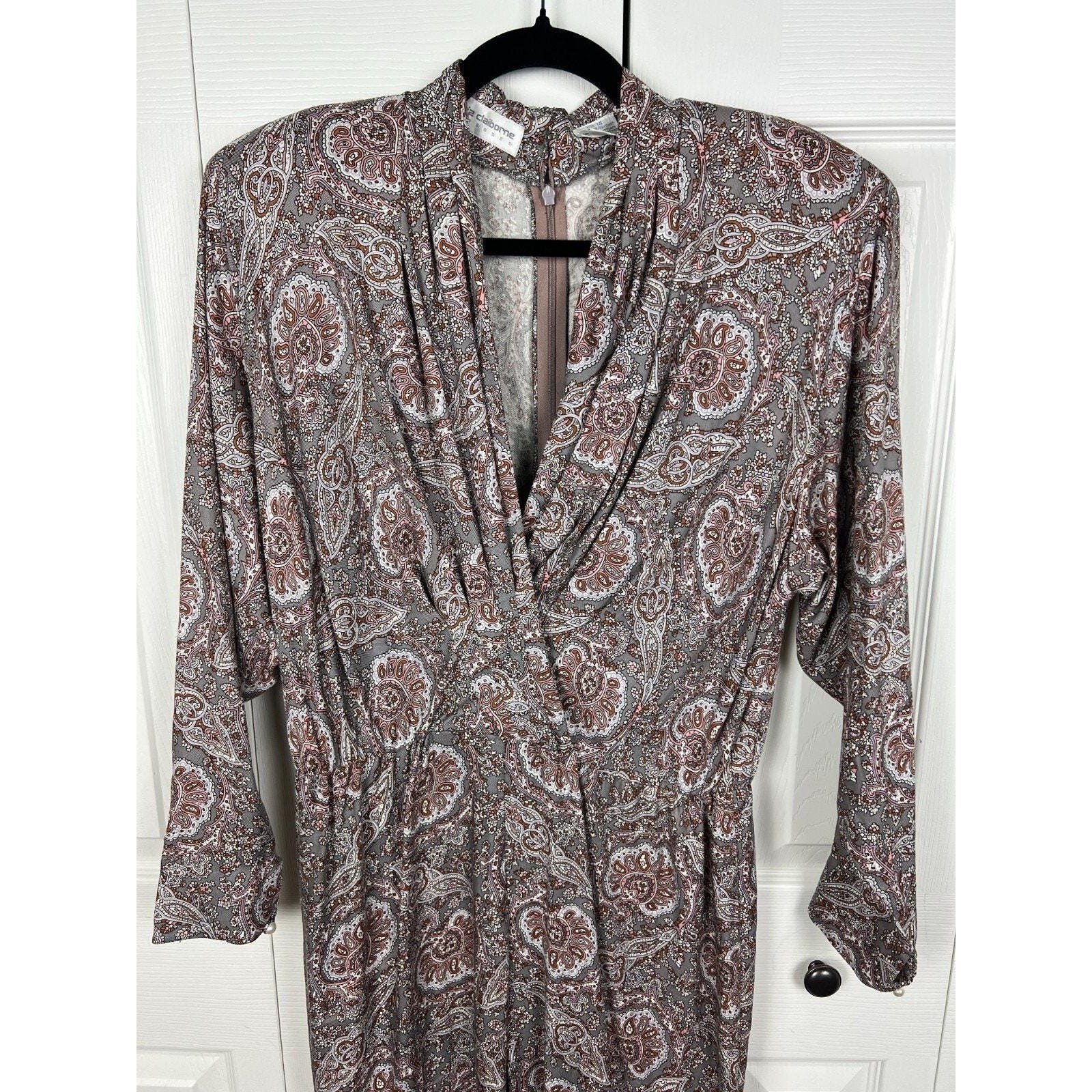 Liz Claiborne Paisley Midi Dress Vintage Boho Dark Academia Gray Rayon M 8/10