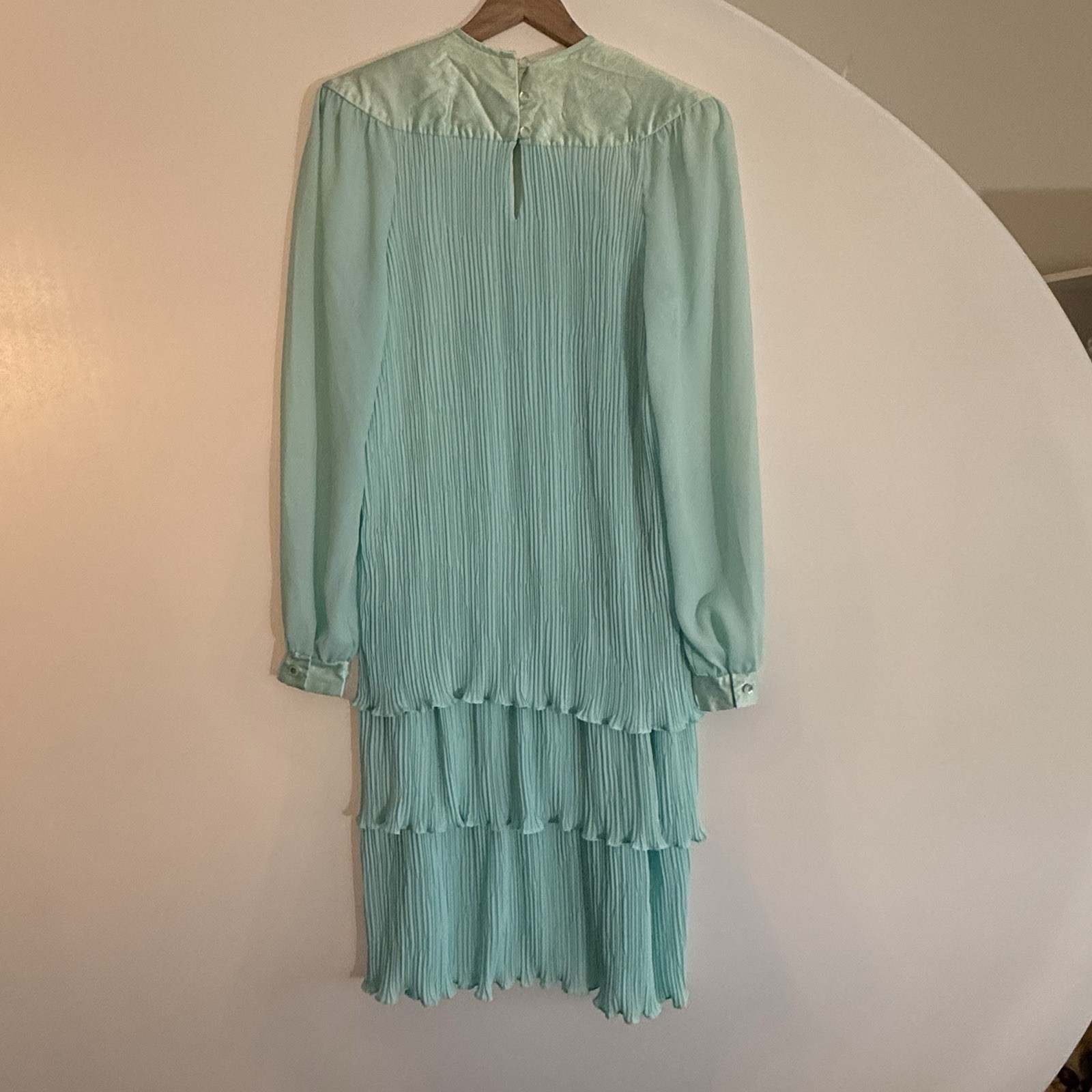 Vintage 70s Seafoam Green Sheer Tiered Prairie Boho Midi Dress Romantic Sz8
