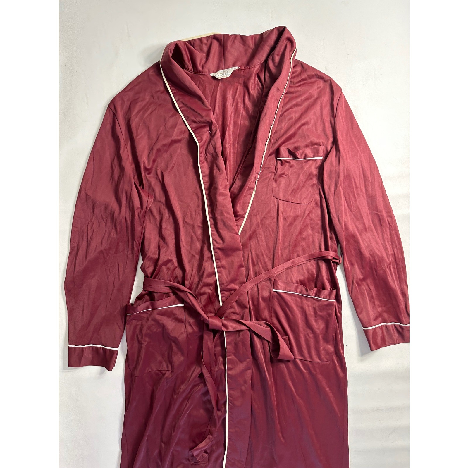 Vintage Towncraft JCPenney Burgundy Nylon Tricot Wrap Robe White Piping Large