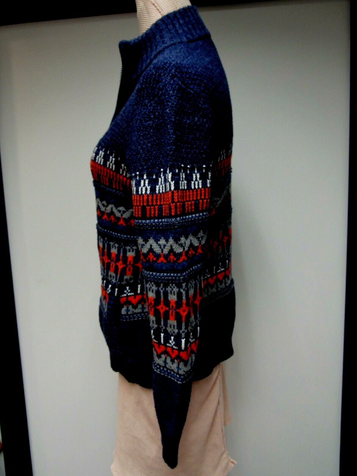 VTG CHEROKEE Cotton Knit Sweater Cardigan Top Geo Orange Gray Navy Blue L EUC