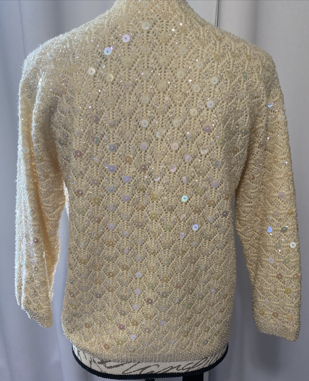 Vintage Jeri-Jo New York Sequin Cardigan Sweater Jacket 100% Wool Size 38 Ivory