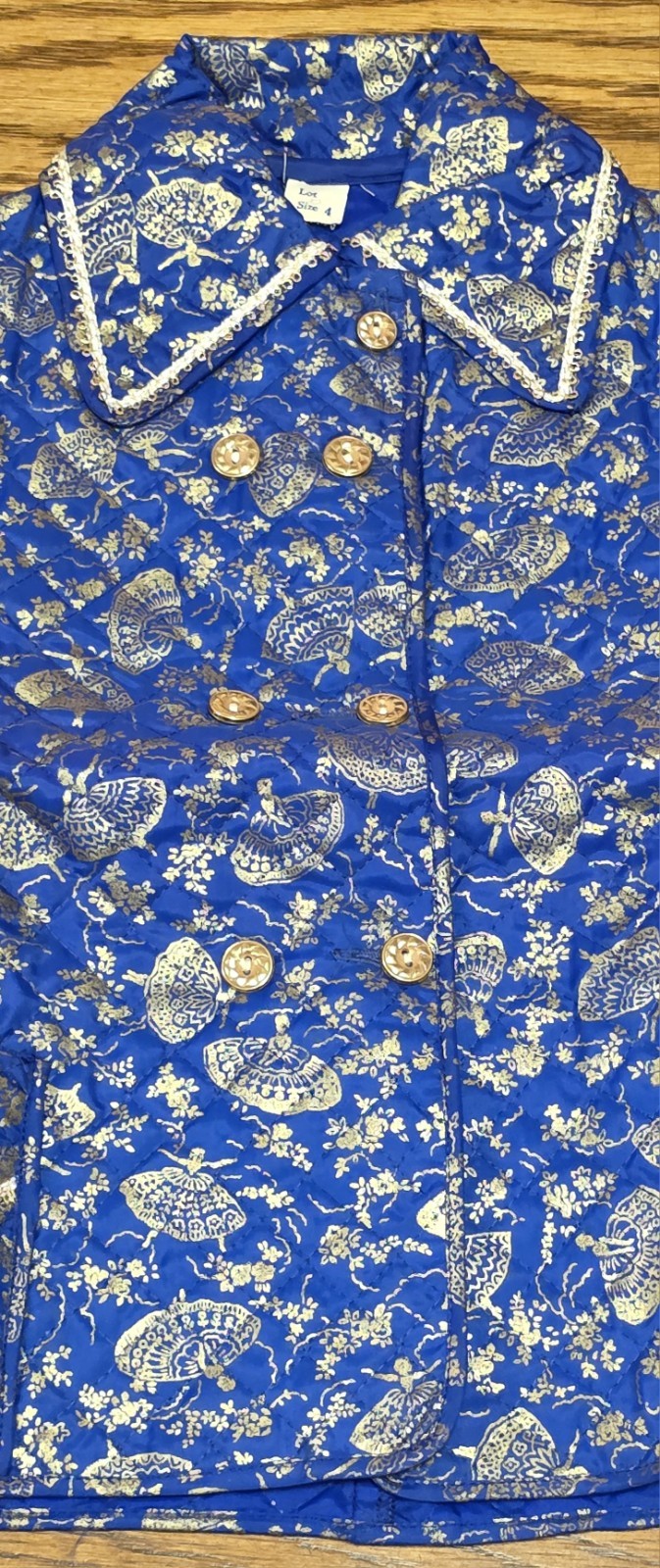 Vintage Blue Oriental-Style Button Front Jacket w/ Gold Lace Trim, Size 4