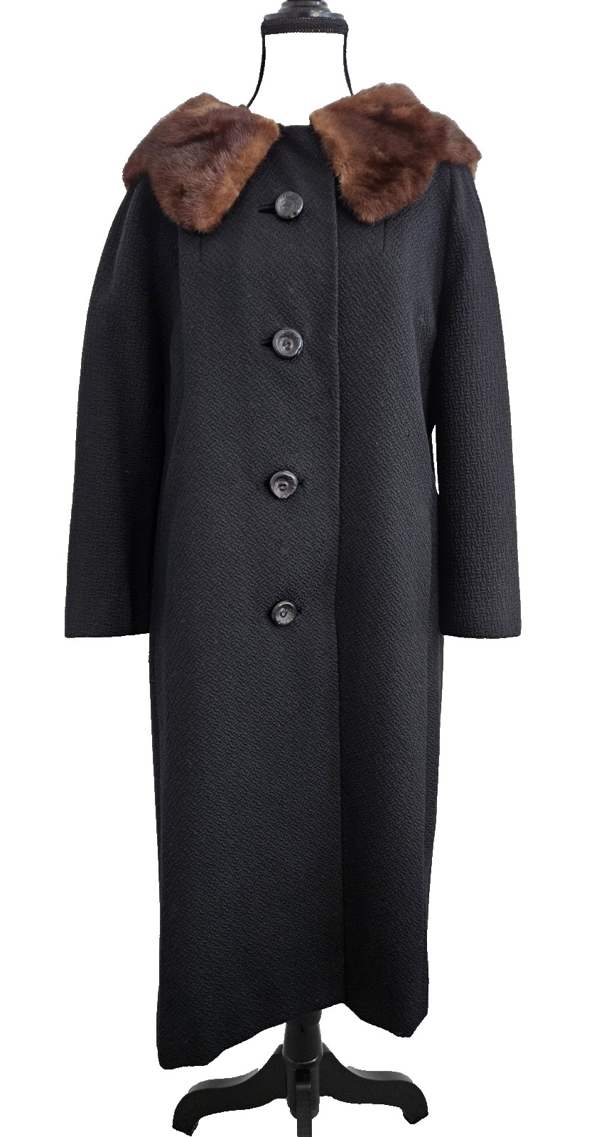 Vintage 1950s Rothmoor Black Boucle Wool Brown Mink Collar Coat Small/Medium