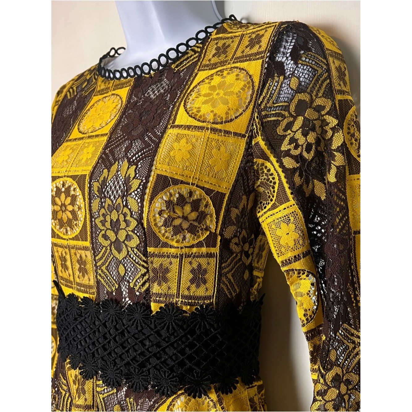 VTG 60s 70s Yellow Brown Lace Overlay Handkerchief Hem Midi Dress Sz S/M