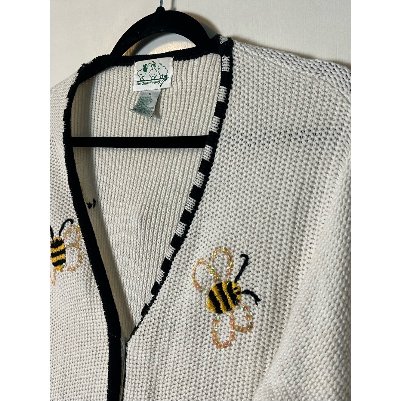 Vintage Quacker Factory Bee Floral Embroidered Cardigan Sweater 90s Sz M