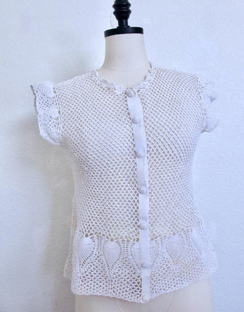 Vintage Hand Crocheted Button Down Cardigan Top S Cotton Openwork Lace Pineapple