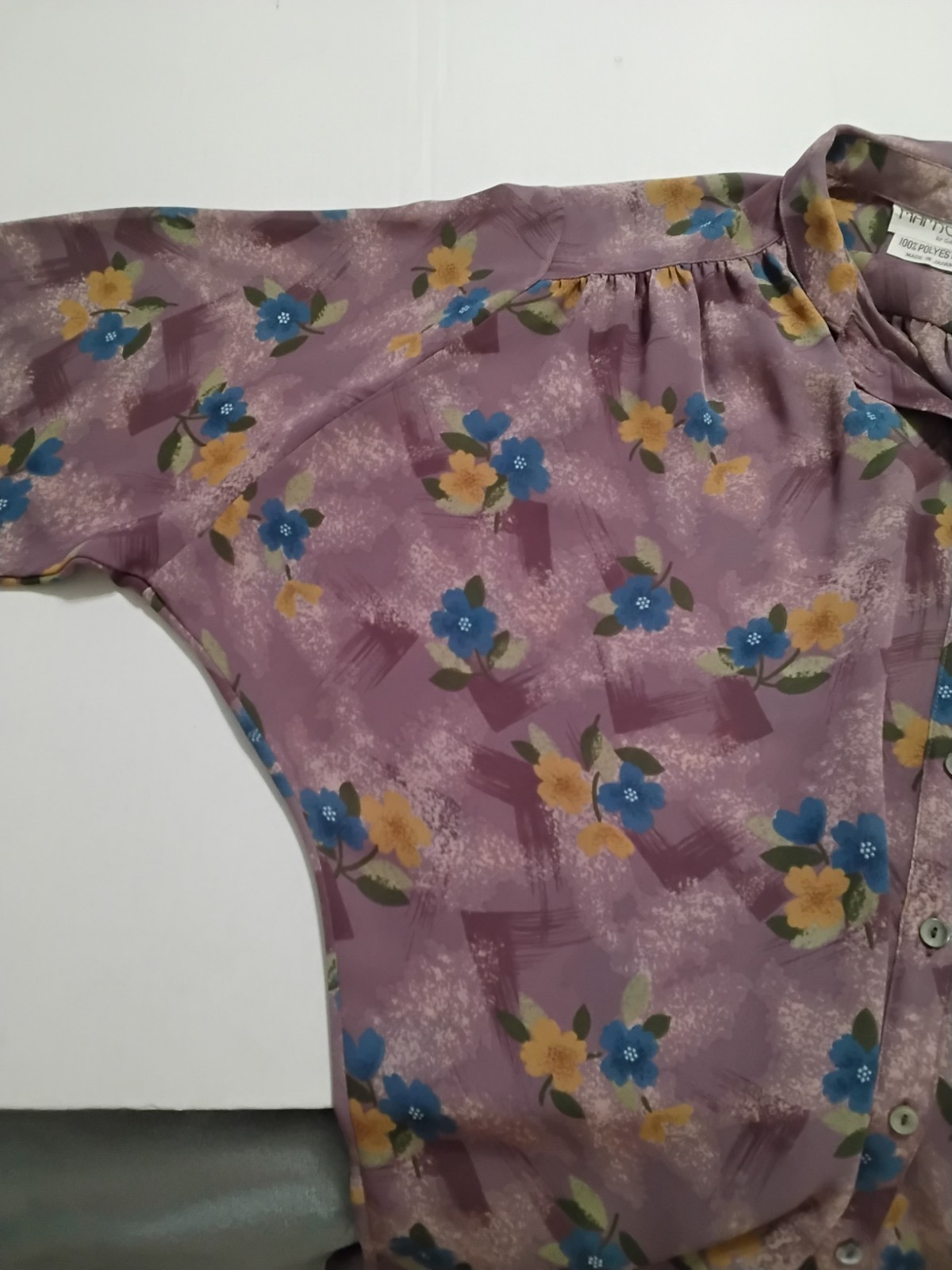 Vintage 80’s Semi Sheer Blouse Purple Mauve Florals Mamselle Sz 7/8 Long Sleeves