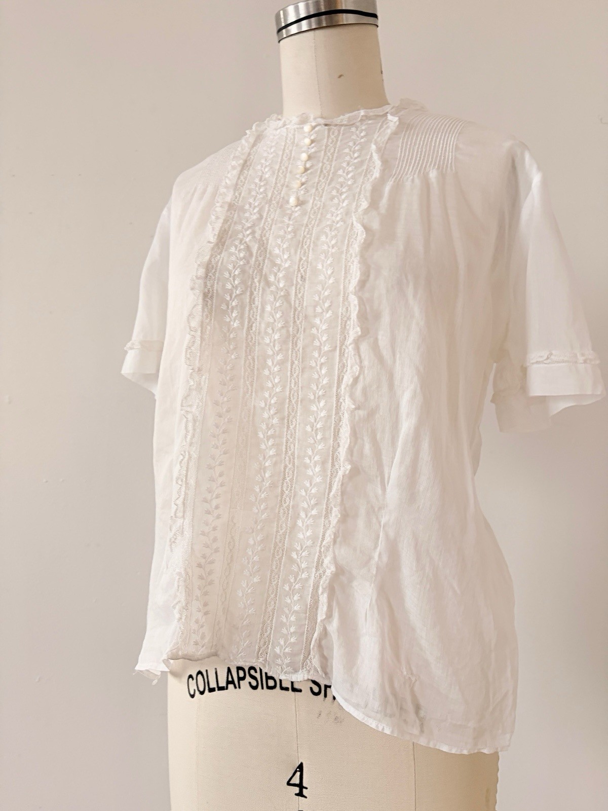 Antique Edwardian 1910s Sheer While Cotton Voile Blouse Embroidered Lace Panels