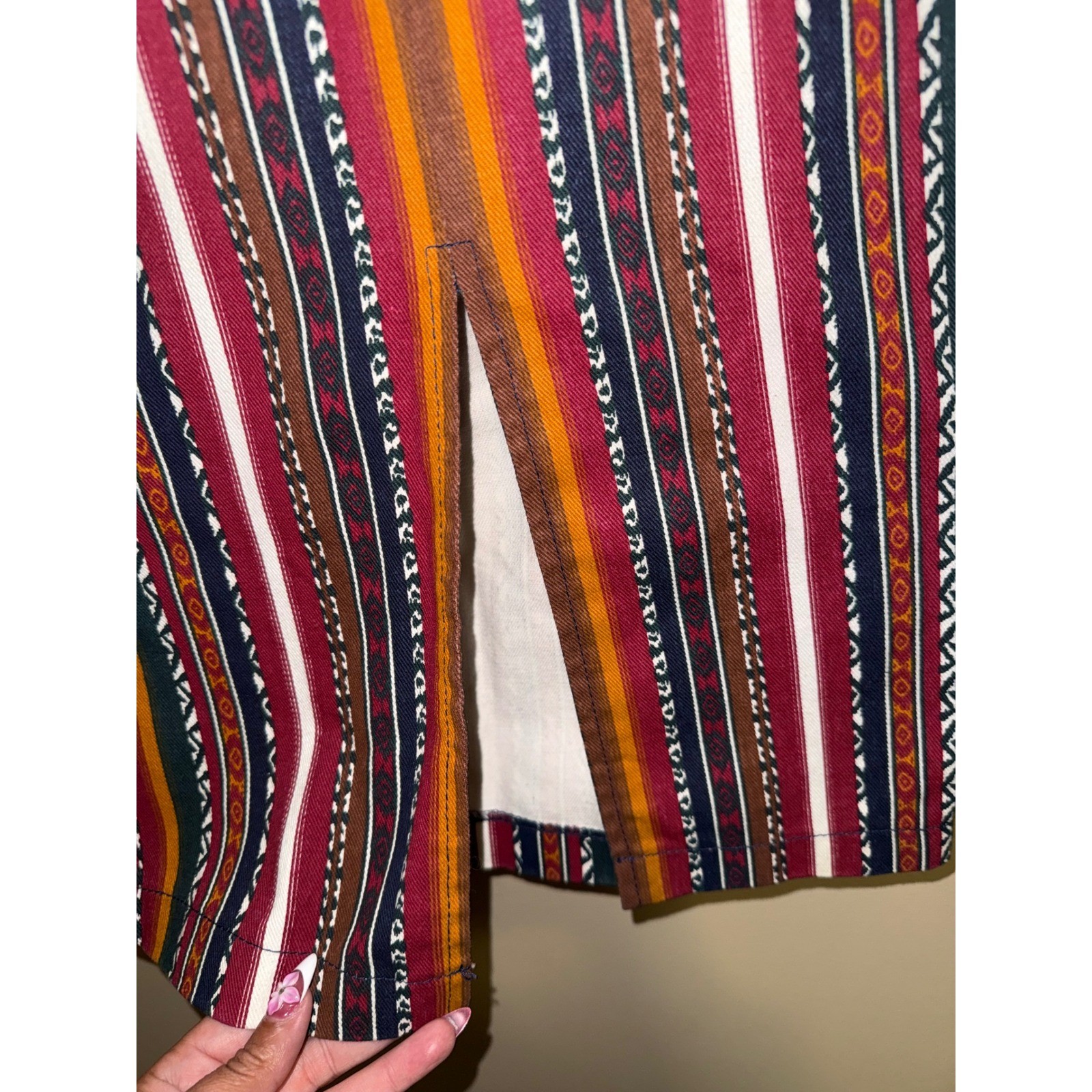 Vintage Stone Gear Southwestern Striped Midi Skirt Fringe Side 3 Boho Festival