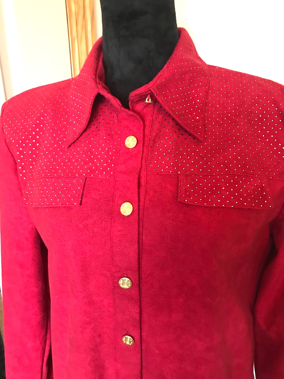 Jordana Metallic Dot Tunic Vintage 70s Blouse Red w/Gold Dots Size Small 6-8