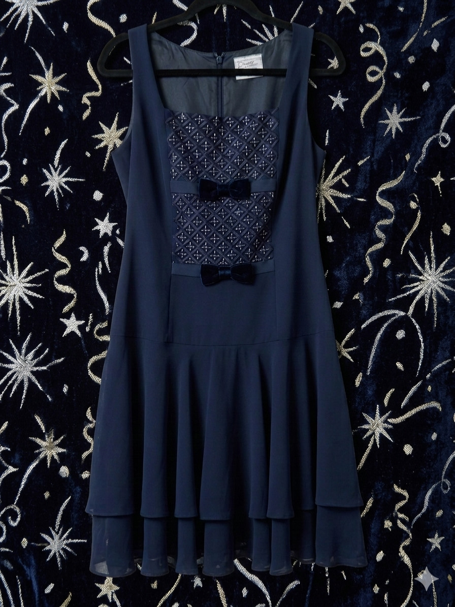 Vintage Dusk by Frank Usher Navy Blue Sequin Rhinestone Cocktail Dress